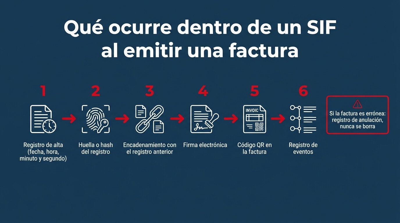 Infografía con los seis pasos que ejecuta un sistema informático de facturación al emitir una factura: registro de alta, huella o hash, encadenamiento, firma electrónica, código QR y registro de eventos